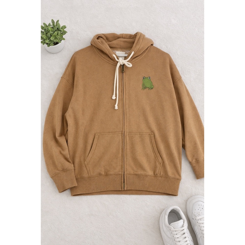 American Eagle Zip Up Hoodie Womens Medium‎ Tan Take Care Of Yourself Frog